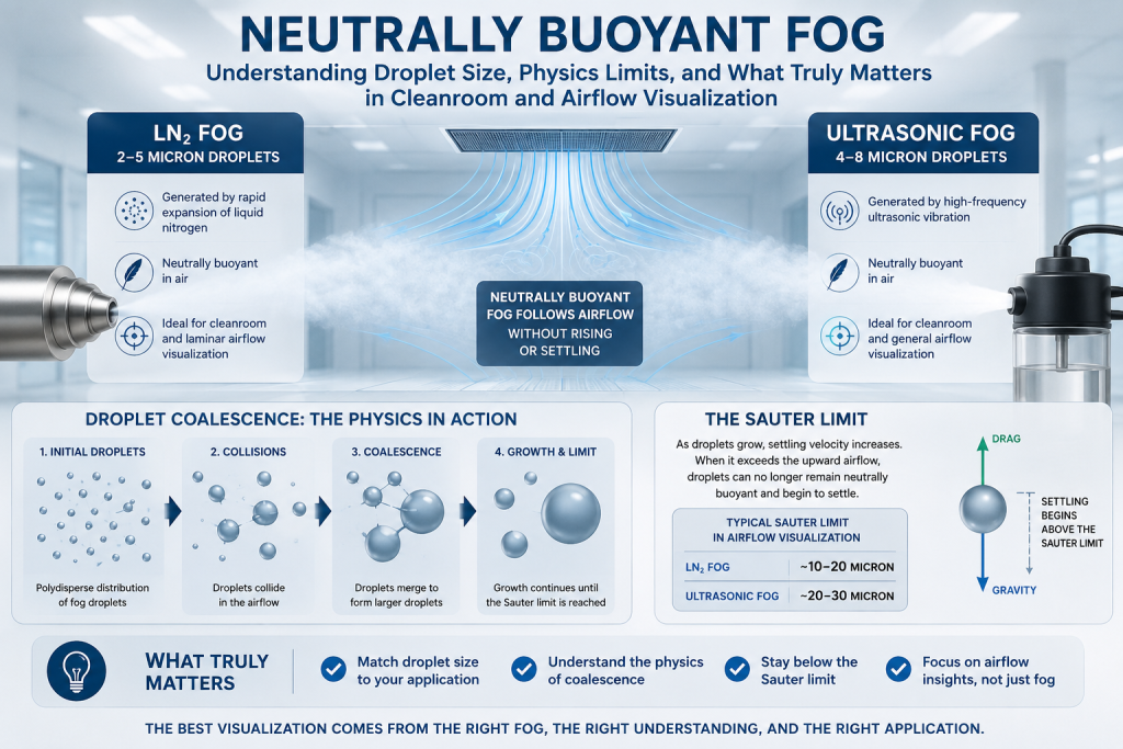 Diagram showing neutrally buoyant fog airflow visualization comparing LN2 fog (2–5 micron droplets) and ultrasonic fog (4–8 micron droplets) with droplet coalescence and Sauter limit explanation